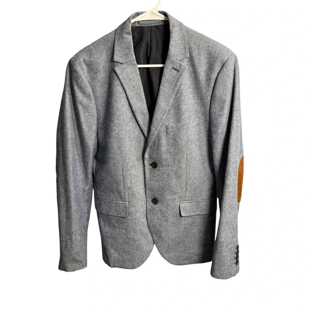 HM Slim Fit Blazer Light Blue Textured Sport Coat Brown Elbow Patches Mens